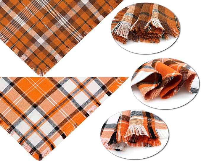Fall Dog Bandanas 2PCS Large Plaid Tassels Halloween Thanksgiving Outfit