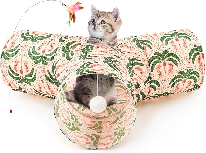 Tempcore Cat Tunnel for Indoor Cats, 3 Way Collapsible Pet Play Tunnel with Teaser Wand, Peek Holes & Hanging Ball, Interactive Tube for Kittens & Rabbits