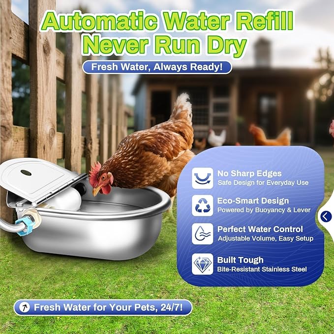 Automatic Animal Drinking Water Bowl with Float Valve, Standard Pipe,3L Stainless Steel Waterer Feeder Farm Dog Dispenser Kit Self Filling for Livestock Horse Goat Water Trough
