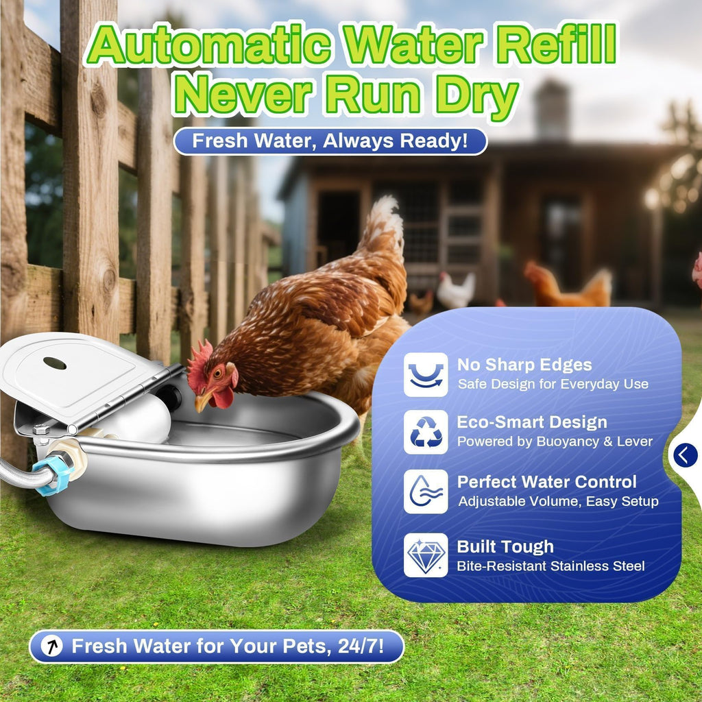 Automatic Animal Drinking Water Bowl with Float Valve, Standard Pipe,3L Stainless Steel Waterer Feeder Farm Dog Dispenser Kit Self Filling for Livestock Horse Goat Water Trough