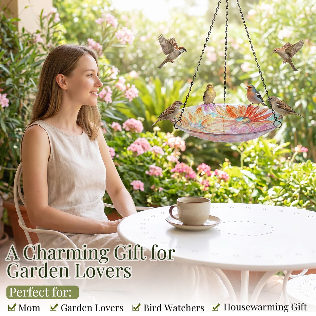 VCUTEKA Hanging Bird Bath Outdoor Glass Bird Baths Feeder for Garden Decor