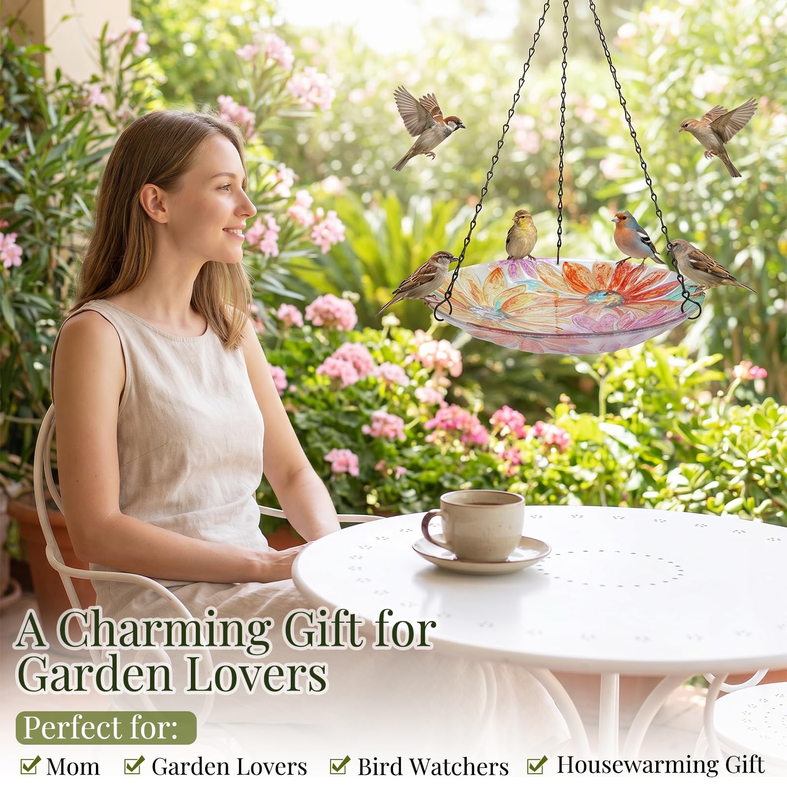 VCUTEKA Hanging Bird Bath Outdoor Glass Bird Baths Feeder for Garden Decor