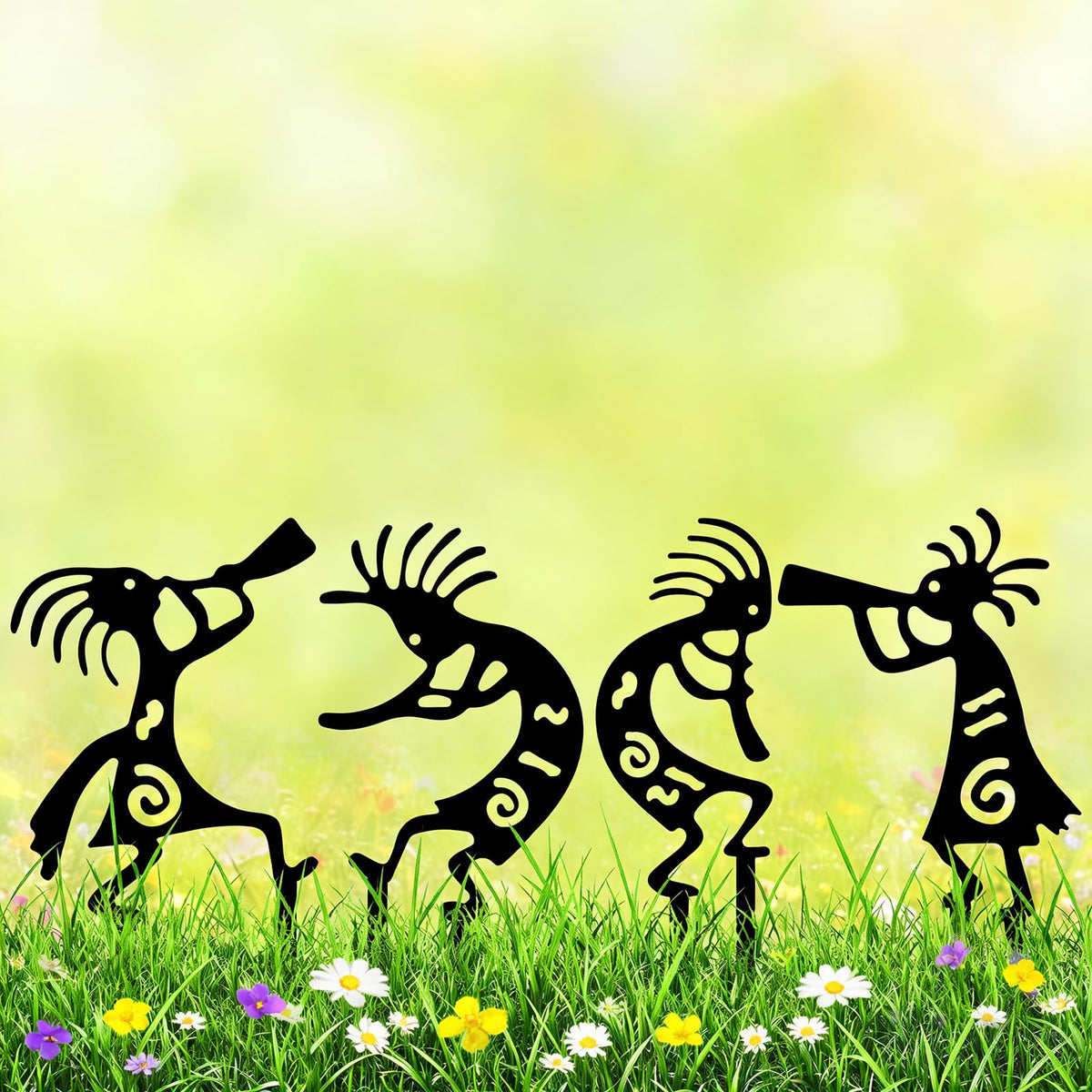 ruelen 4 Piece Kokopelli Metal Garden Stakes-Southwestern Yard Art 9.8"x6"