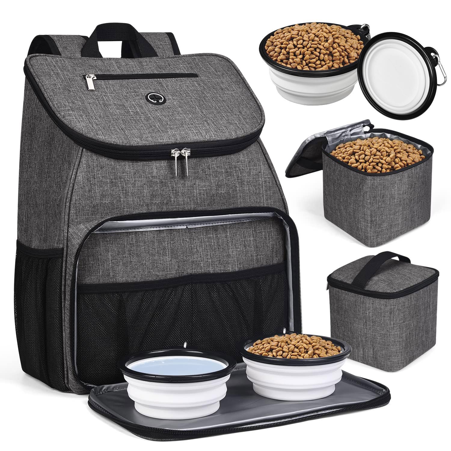 BAGLHER丨Dog Travel Bag, Airline Approved Pet Supplies Backpack, Dog Travel Backpack Accessories Set with 2 Silicone Collapsible Bowls and 2 Food Baskets, Gray