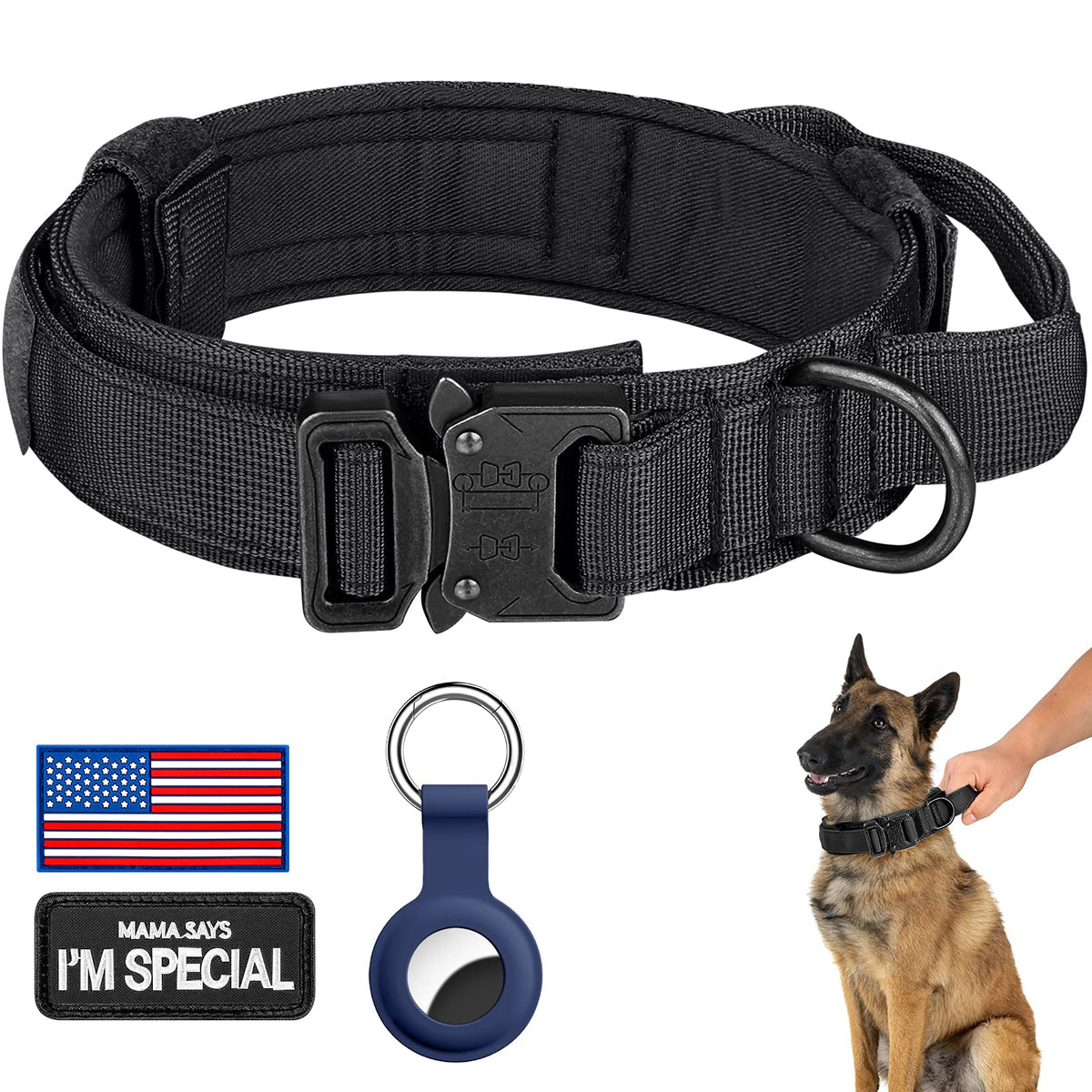 DAGANXI Tactical Dog Collar, Adjustable Military Training Nylon Dog Collar with Control Handle and Heavy Metal Buckle for Medium and Large Dogs, with Patches and Airtags Case (L, Pink)