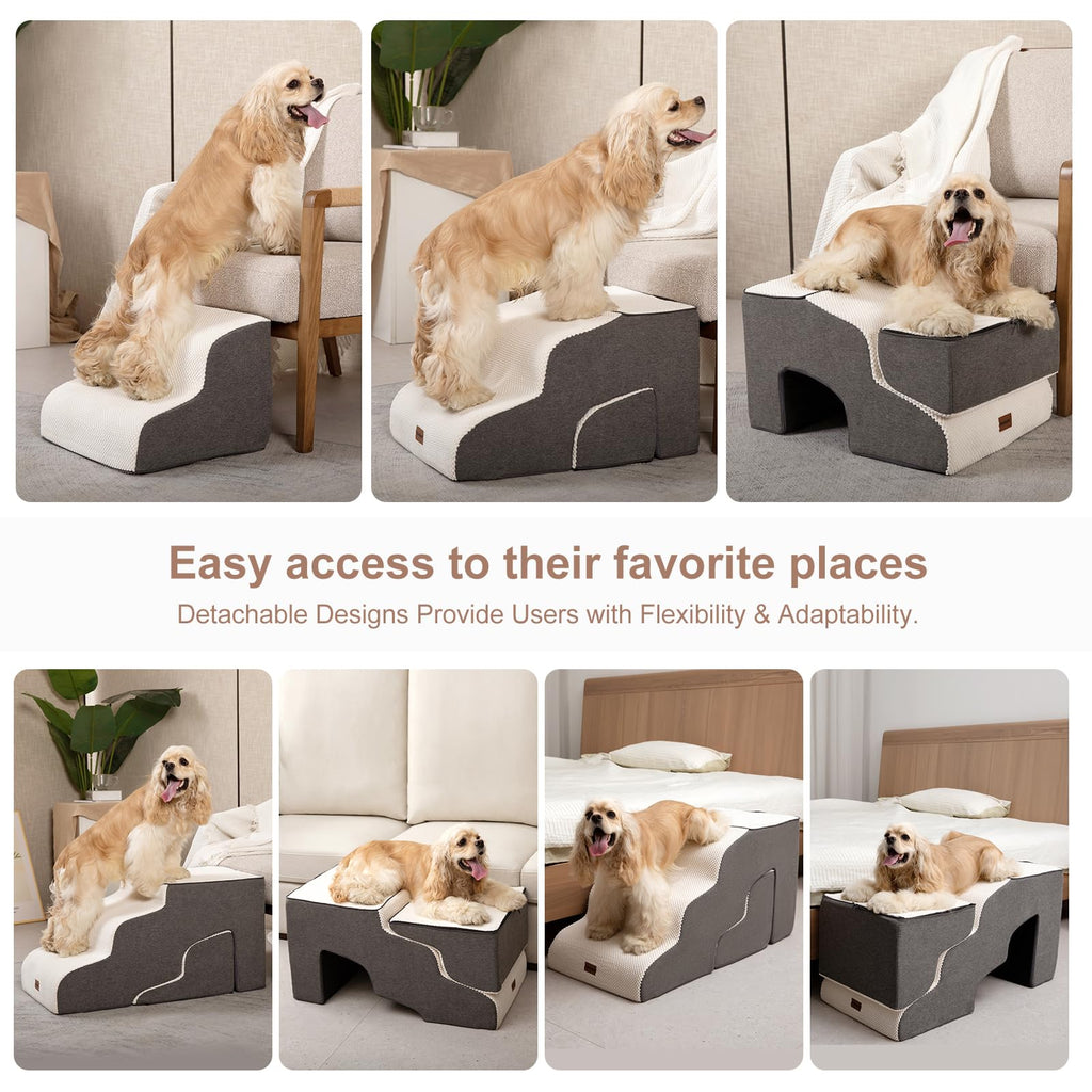 Garnpet Dog Stairs for Couch Sofa and Chair with Tunnel, 3-Step Dog Steps for Small Dogs and Cats, Non-Slip Indoor Pet Step, Beige
