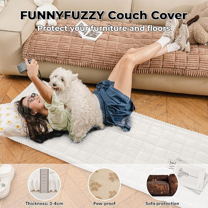 FUNNY FUZZY Pet Couch Covers for Sofa, Washable Dog Couch Cover Protector for Dogs, Flannel Couch Covers for Dogs Pet Friendly Pets Mat Bed Sofa Cover (White, 27.6"×59.1")