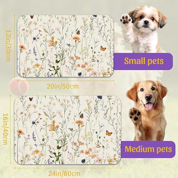 Vintage Wildflowers Herbs Pet Feeding Mat, Absorbent Bowl Pad, Quick Dry, Non-Slip Base, No Stains – 16x24 Inch