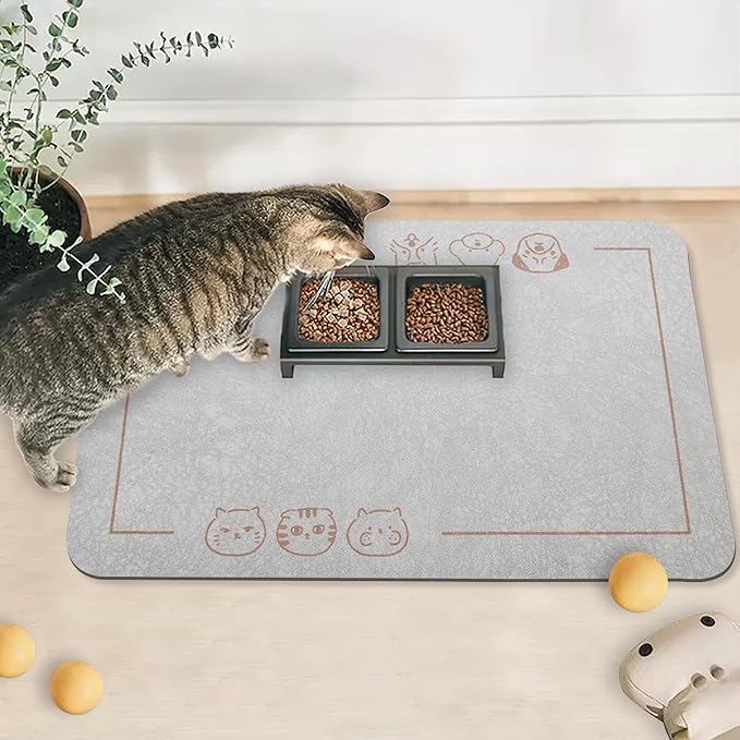 YCT Cat Food Mat, Cat Mat for Food and Water, Pet Feeding Mat, Non-Slip Super Absorbent, with Multiple cat Heads Logo, 18.1 x 11.8 inches