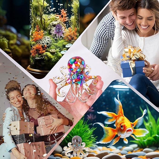 Octopus Decor Aquarium Turquoise Decorative Resin Glass with Natural Crystal Stone Marine Animals Fish Tank Ornaments Statue Healing Home Decor Ladies Gift 3.93"