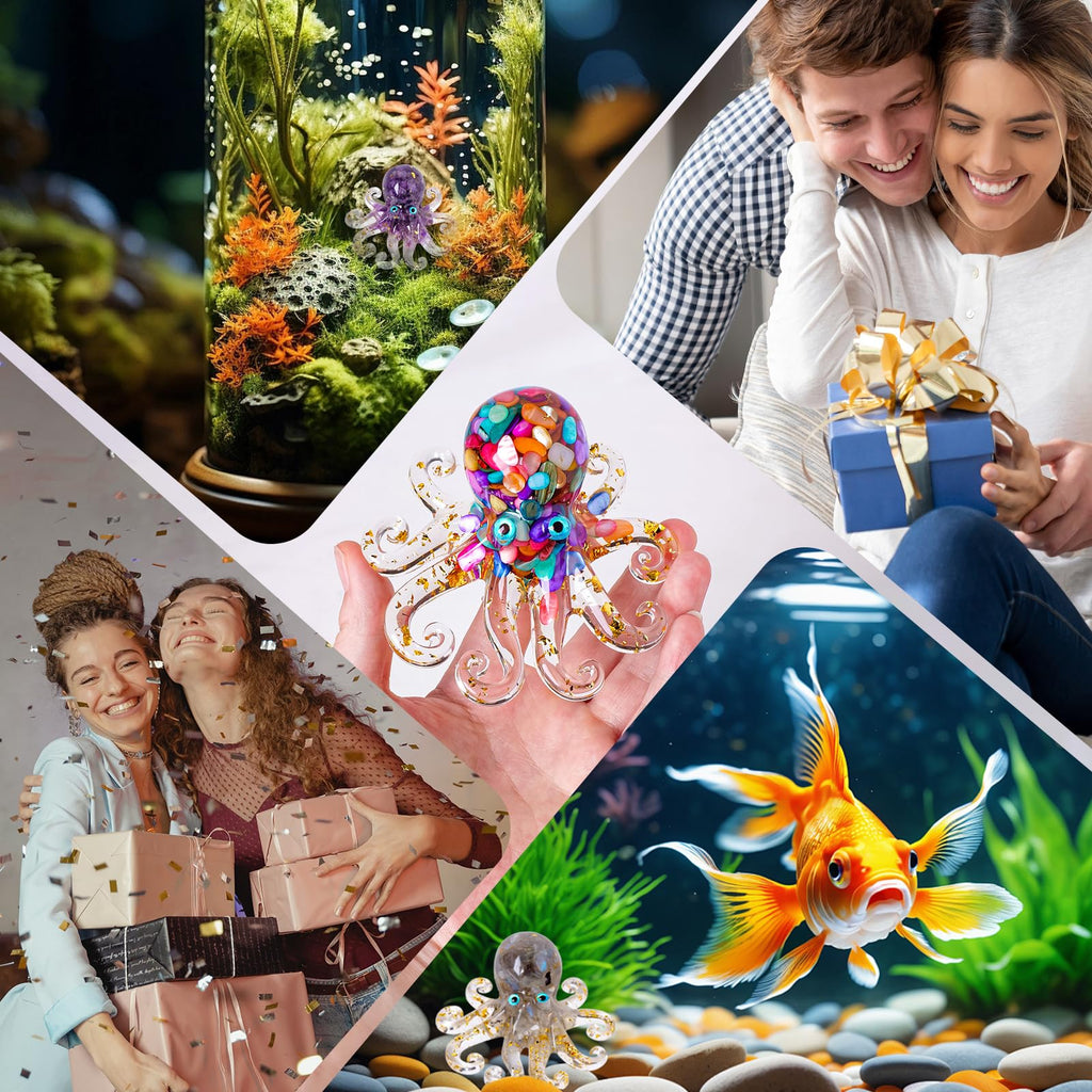 RJINGSHI Octopus Decor Aquarium Turquoise Decorative Resin Glass with Natural Crystal Stone Marine Animals Fish Tank Ornaments Statue Healing Home Decor Ladies Gift 3.93"