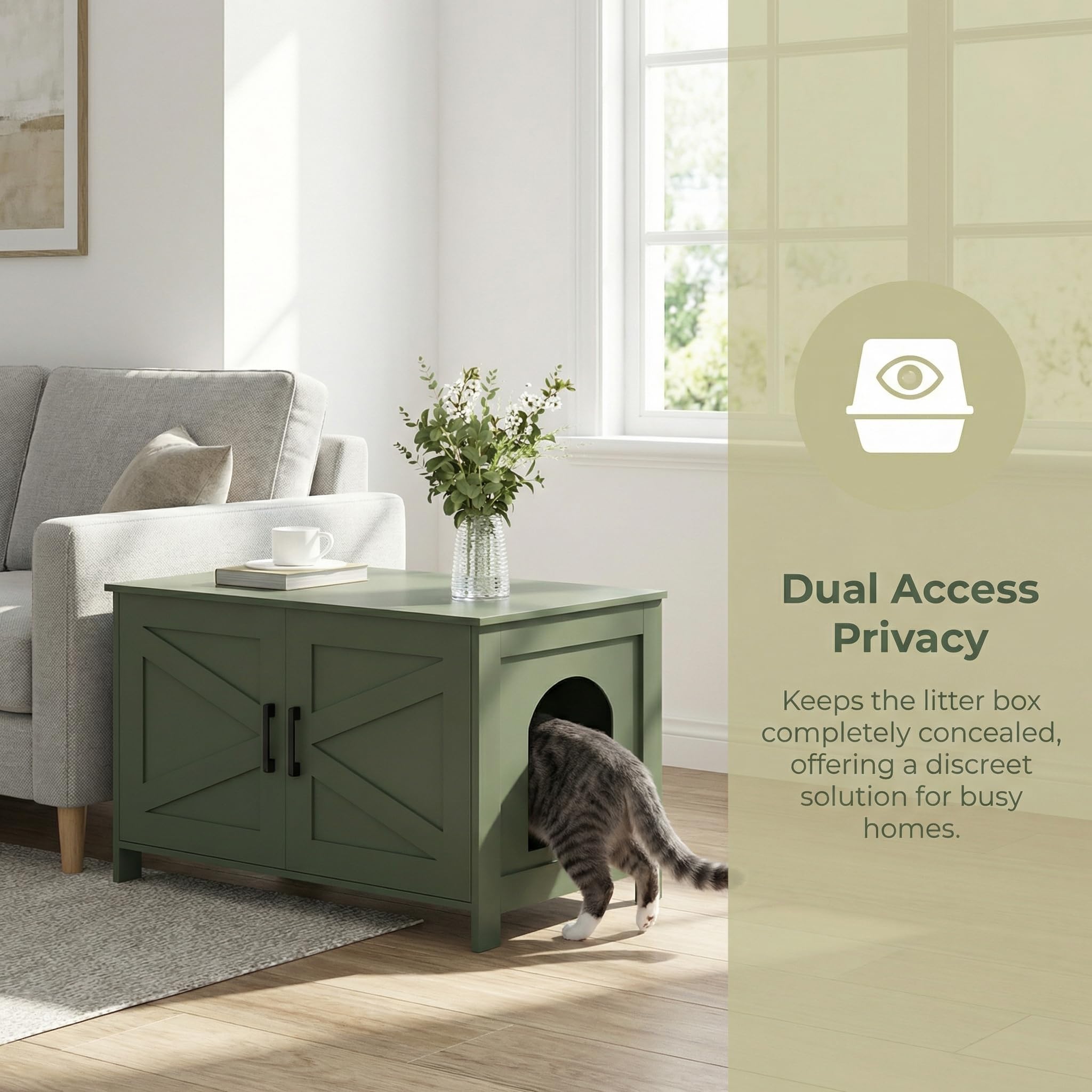 Homhedy 31.5" L Cat Litter Box Enclosure with Barn Door, Green