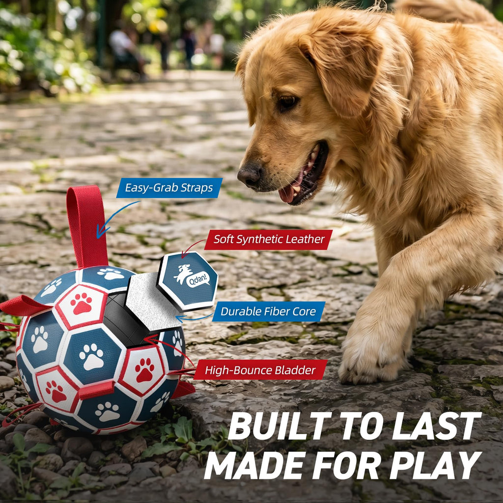 QDAN Dog Toys Soccer Ball with Straps：Durable Balls for Large Dogs, Outdoor Dog Toys, Puppy Birthday Gifts (7 Inch)