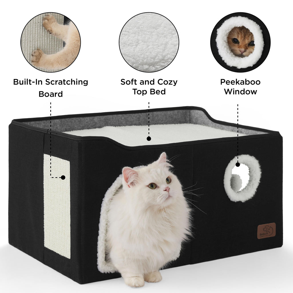 Bedsure Extra Wide Cat House Bed with Fluffy Ball and Scratch Pad,Black