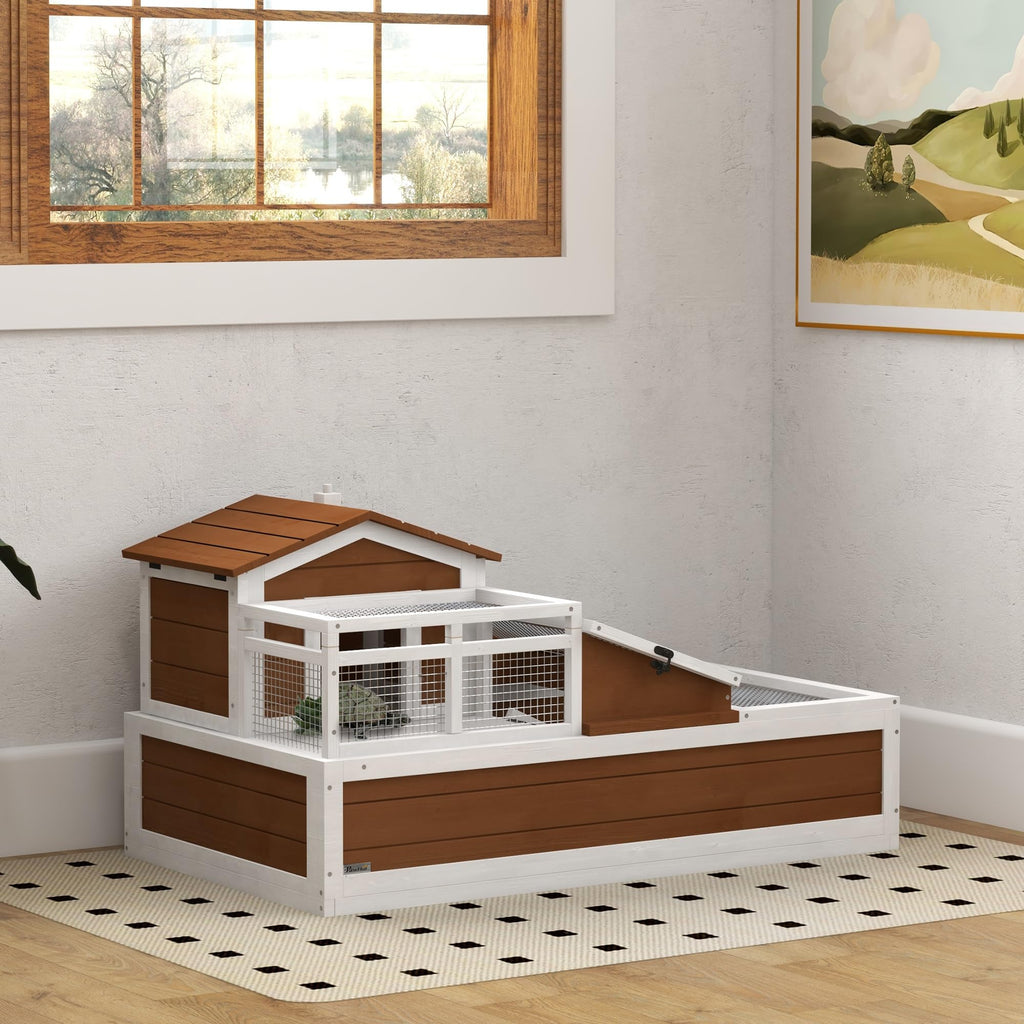 PawHut 3- Room Tortoise House Habitat with Balcony & 2 Stories, Indoor/Outdoor Wooden Tortoise Enclosure with Ladder, Tray, Openable Roof, Large Reptile Cage, 44" x 25. 5" x 23", Coffee