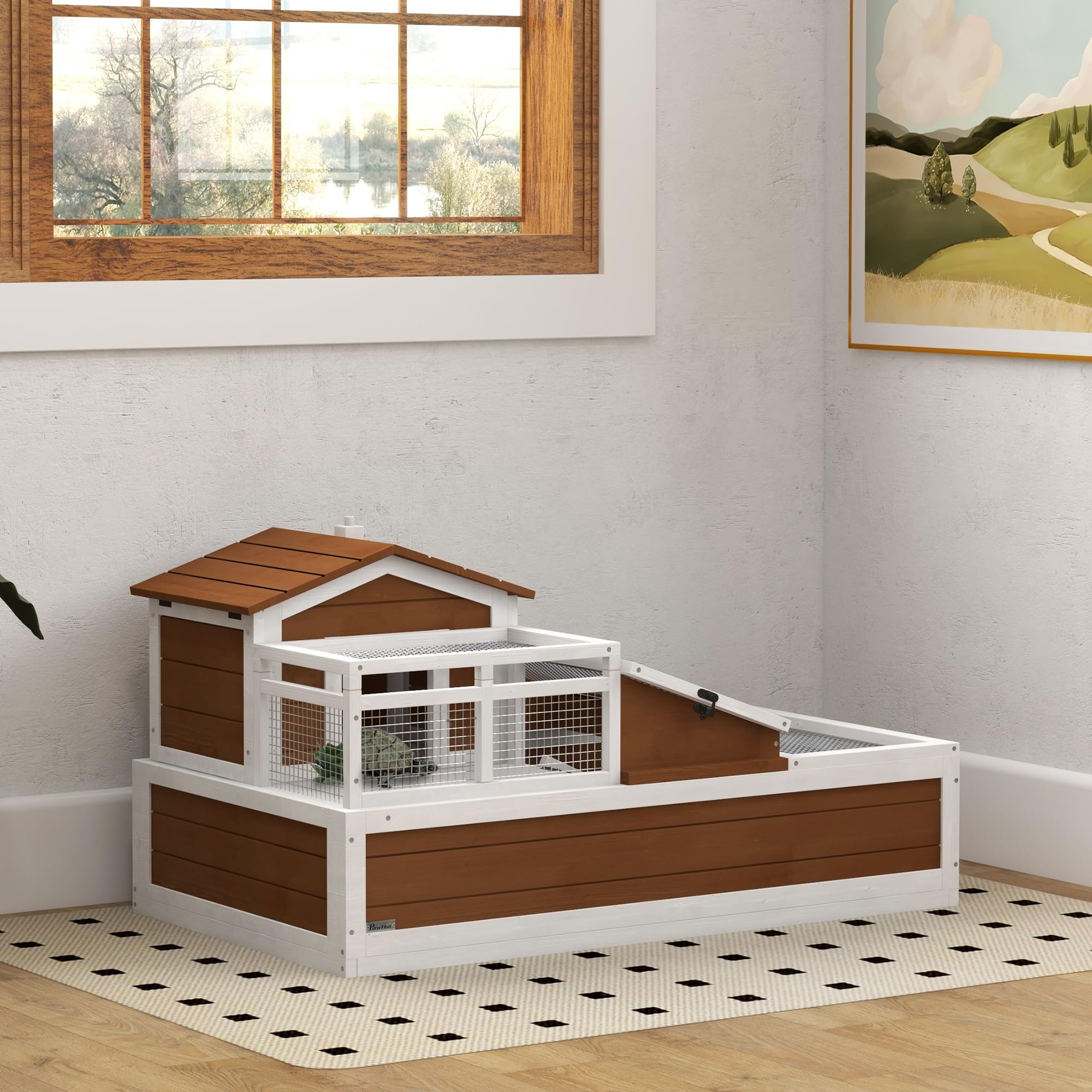 PawHut 3- Room Tortoise House Habitat with Balcony & 2 Stories, Indoor/Outdoor Wooden Tortoise Enclosure with Ladder, Tray, Openable Roof, Large Reptile Cage, 44" x 25. 5" x 23", Coffee