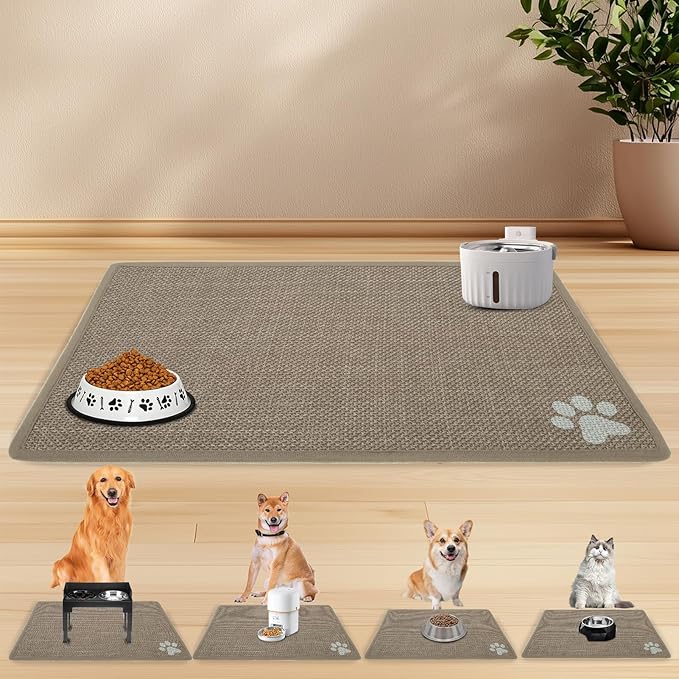 PUPTECK Dog Food Mat, Absorbent Pet Cat Feeding Mat for Food and Water Bowls, Anti-Slip Dog Placemat for Floors Waterproof, Pet Supplies Accessories, Khaki L