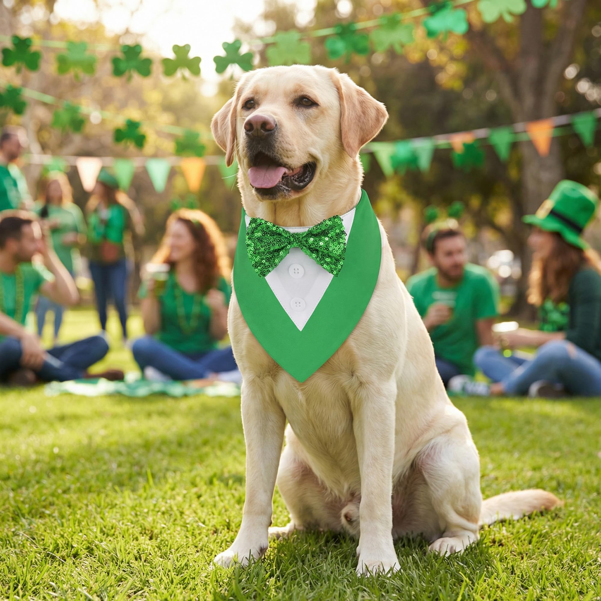 ADOGGYGO St.Patrick's Day Dog Tuxedo Bandana, Green Pet Tux Collar with Bowtie Adjustable St Patricks Costume for Medium Large Dogs Pets (L)