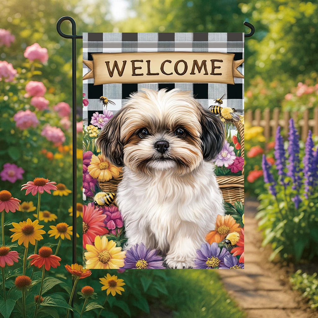 Starlit Patio Spring Summer Garden Flag Shih Tzu Dog Flag 12x18 Inch Double-Sided Cute Puppy Yard Banner Buffalo Plaid Floral Outdoor Decor for Porch Lawn Pathway Dog Lover Housewarming
