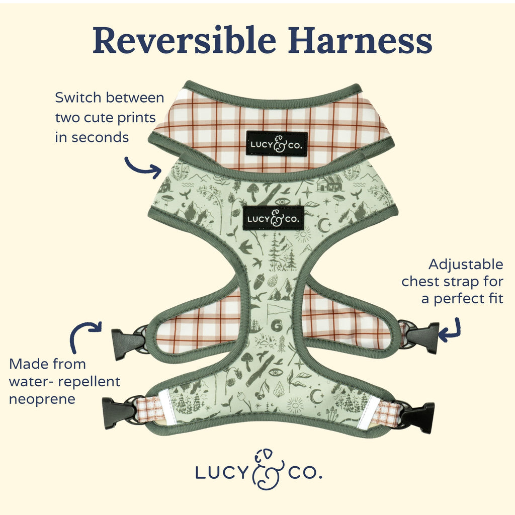 Lucy & Co. Reversible Dog Harness - Water-Repellent Neoprene, Dual-Print Design, Easy Swap Style, Adjustable Comfort Fit - Camp Out Reversible Harness - X-Small