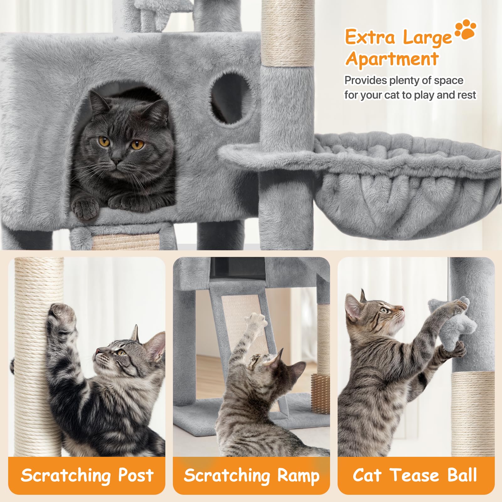 Polias 36-Inch Cat Tree Tower for Small and Medium Indoor Cats, Multi-Level Cat Furniture with Sisal Scratching Posts, Hammock, Condo & Scratching Board, Light Gray