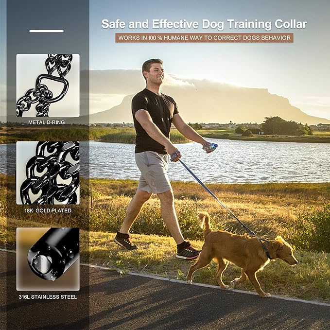 Black Dog Chain Collar - Stainless Steel, Adjustable, Chew Proof, Double Row, Cuban Link, Walking Collar for Large, Small, Medium Dogs
