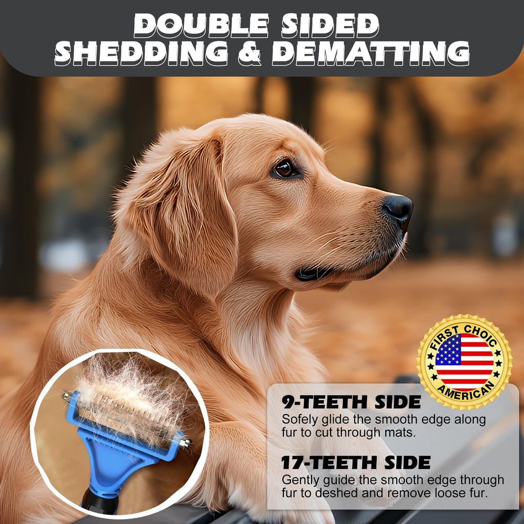 3PCS Pet Grooming Rake & Metal Comb & Flea Comb for Cats and Dogs, Double-Sided Dematting Tool, Extra-Wide Deshedding Dog Brush for Long Hair to Effectively Remove Tangles, Knots and Mats (Blue)