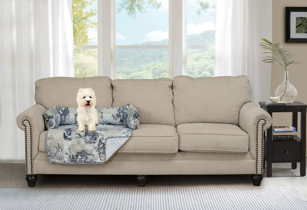 Brilliant Sunshine Quilted Calming Dog Bed Mat, Removable Washable Cover, Cushion Protector and Couch Covers for Dogs, Pets, Cats, Medium, Blue Beige Toile