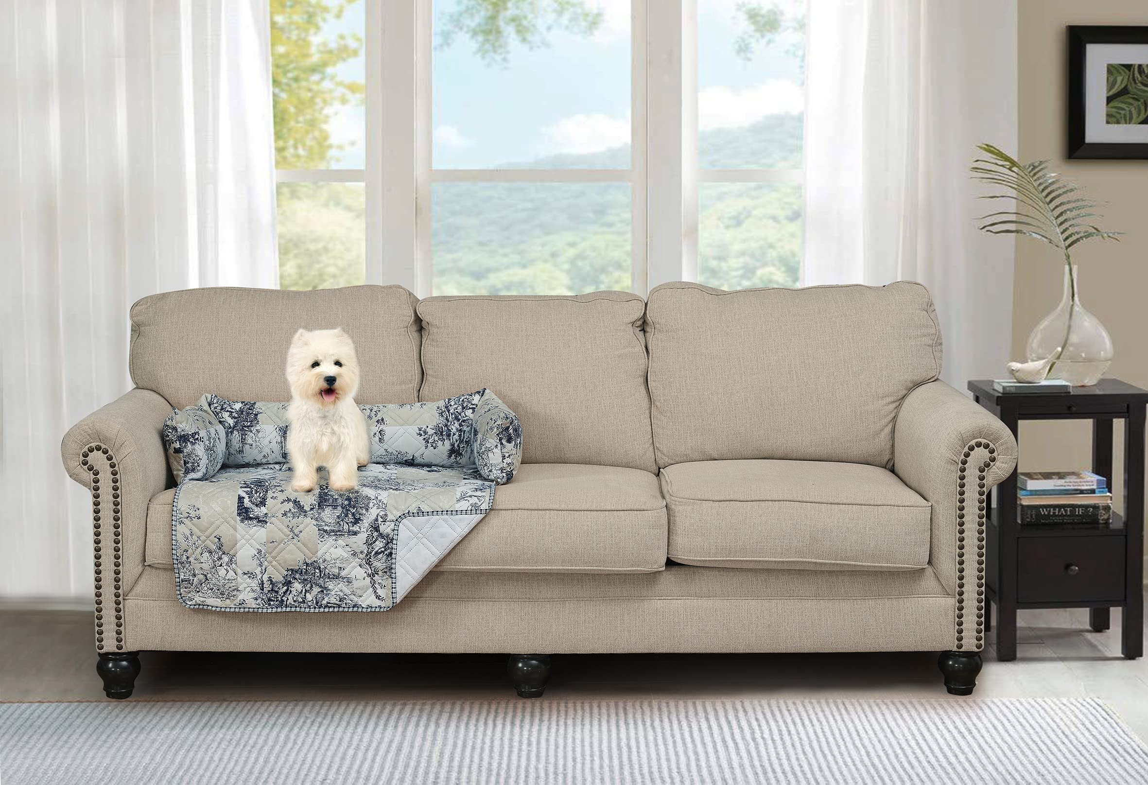 Brilliant Sunshine Quilted Calming Dog Bed Mat, Removable Washable Cover, Cushion Protector and Couch Covers for Dogs, Pets, Cats, Medium, Blue Beige Toile