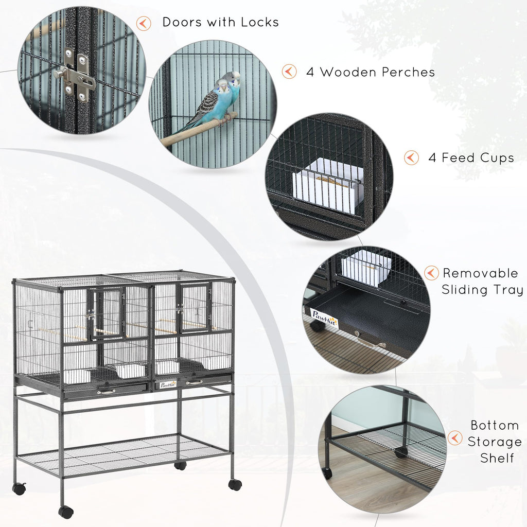 PawHut Divided Breeder Bird Cage with Rolling Stand Removable Metal Tray