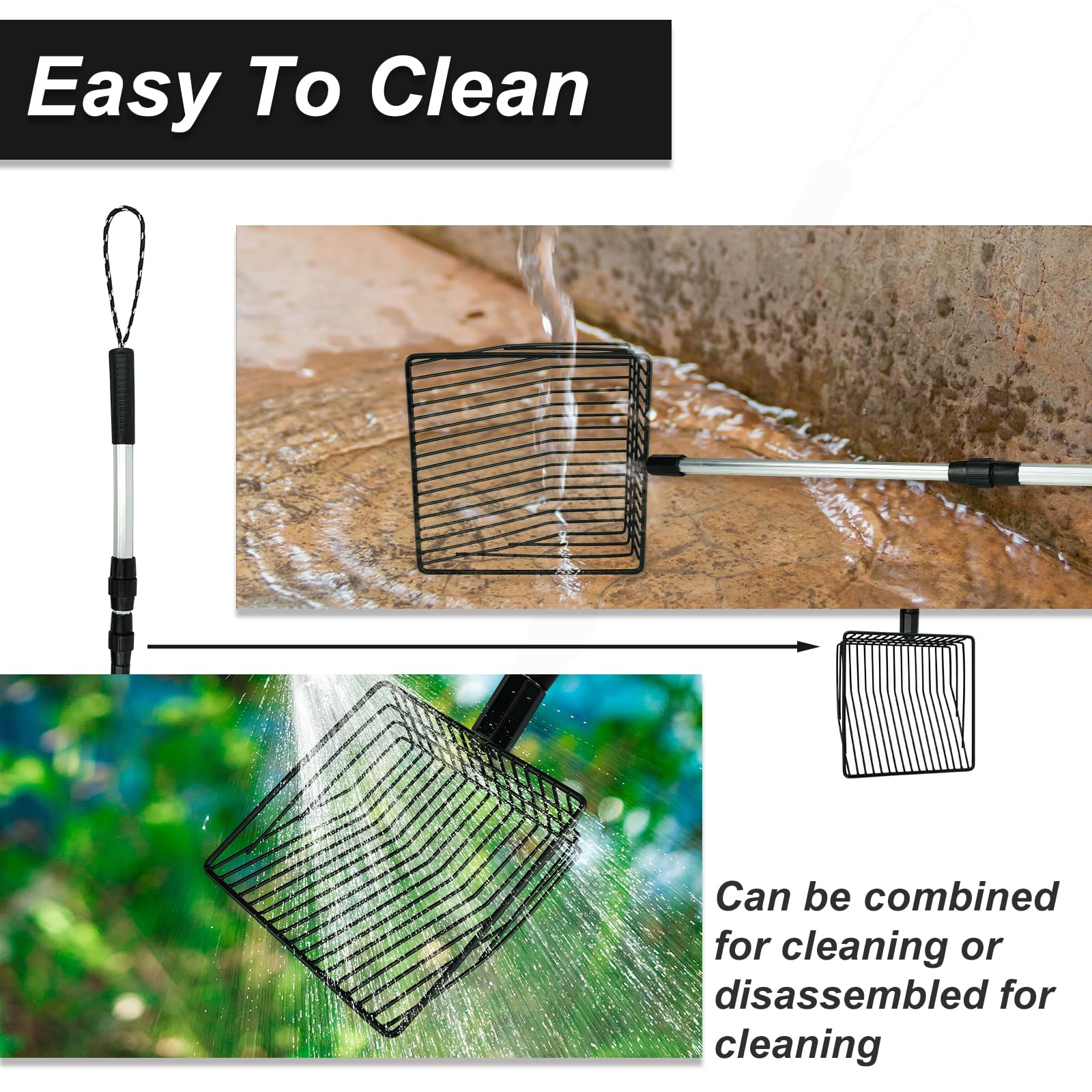 Chicken Poop Scooper 3 in 1 Adjustable Long Handle Litter Metal Scoop Heavy Duty Metal Chicken Poop Scooper Litter Sieving Shovel, Chicken Coop Accessories (22-41.7")