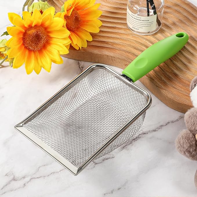 Qulkws Stainless Steel Mesh Litter Shovel, Fine Mesh Metal Reptile Litter Cleaner Scooper, Green Non-Slip Handle Sifter for Lizard Substrate Reptile Terrarium Sand Waste