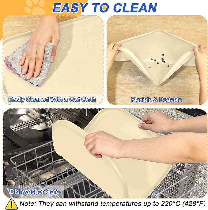 Silicone Pet Feeding Mat with Raised Edge for Food and Water, Dog Bowl Mats, Cat Bowls Placemat with High Lip for Floor Waterproof, Rubber Tray for Cats and Dogs 24 x 16 x 0.8 White Sand (Yellow Cast)