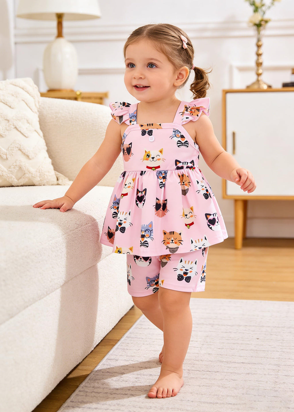 Popshion Girls Summer 2 Piece Outfit Toddler Girl Cat Clothes Cat Ruffle SleeveShirt Top + Shorts Kitten Short Set Cute Baby Girls Clothing Set Size 4t/2234