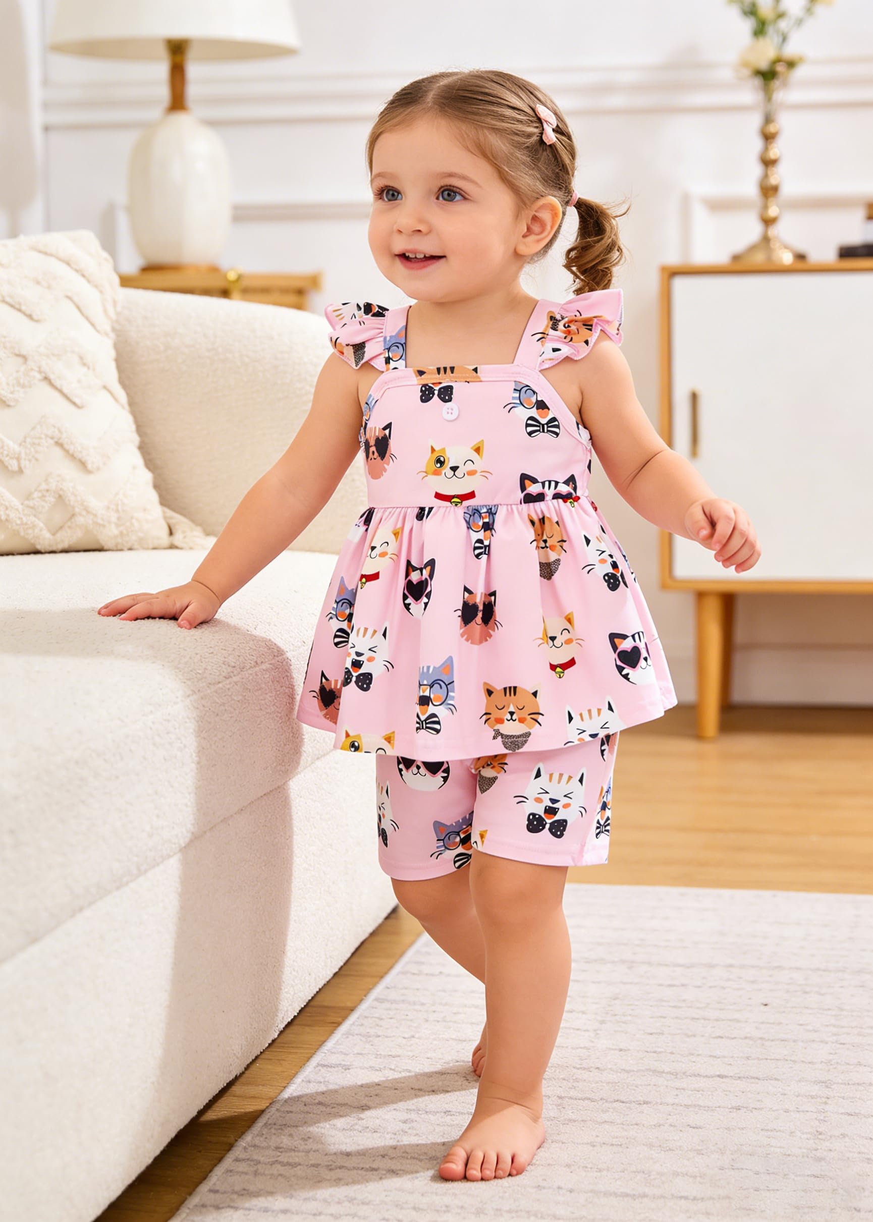 Popshion Girls Summer 2 Piece Outfit Toddler Girl Cat Clothes Cat Ruffle SleeveShirt Top + Shorts Kitten Short Set Cute Baby Girls Clothing Set Size 4t/2234