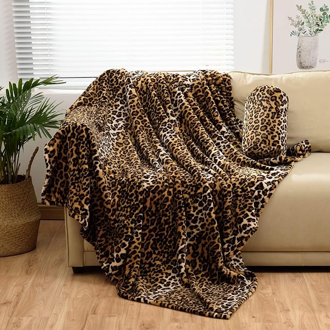 Bnuitland Leopard Print Flannel Blanket, Large Size 90x90 Inches with Storage Pouch for Bed Couch Travel, 300 GSM Double Sided Cheetah Print Super Soft Fuzzy Fluffy Fleece Blanket for Adults
