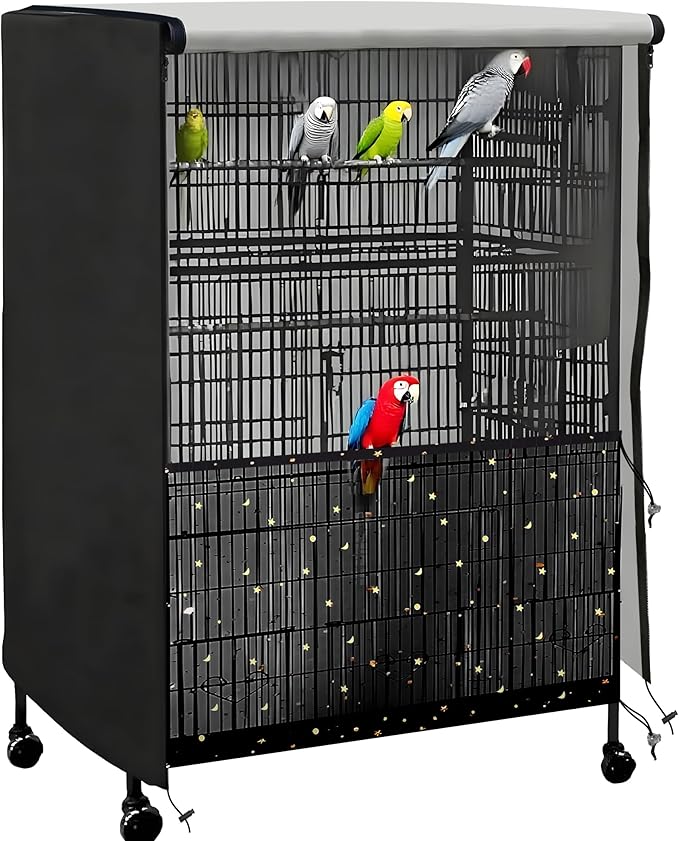 Universal Bird Cage Cover,Pet Cage Cover,100% Shading Oxford Cloth with PU Coating Layer,Good Night for Small Animals,Adjustable Soft Airy Nylon Mesh Net for Round Square Cages (Black