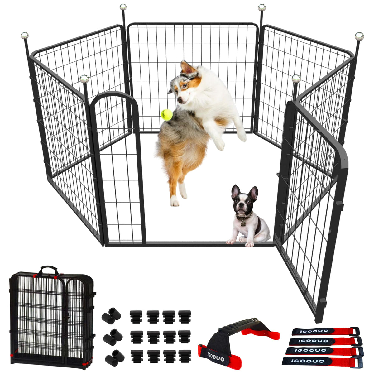 IGOOUO Portable Dog Crates & Playpen, 32'' Metal Pet Pen for Small/Medium Dogs, Indoor/Outdoor, Easy-Carry Straps, Rustproof, One Door