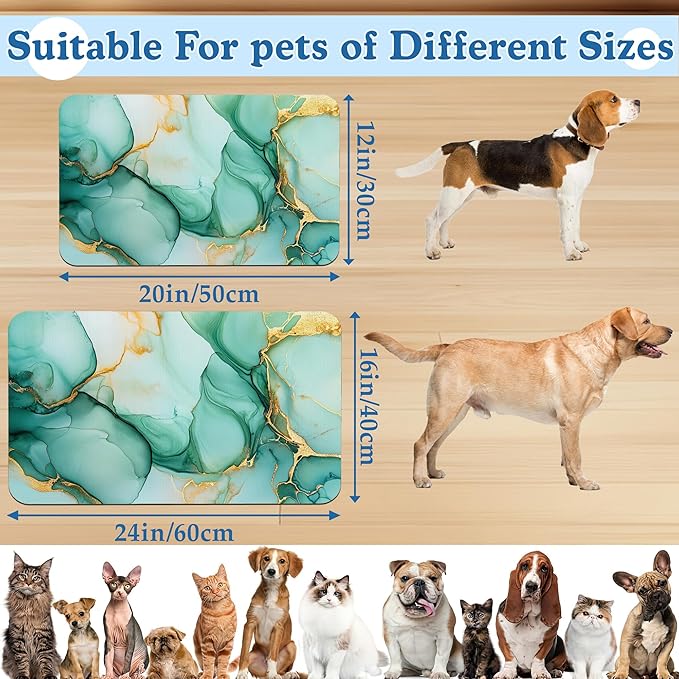 Green Marble Pet Feeding Mat for Floors–Absorbent Quick Dry Dog Cat Bowl Mat for Food and Water, Non Slip Waterproof Base, Mess-Free Feeding Accessories 16"x24"