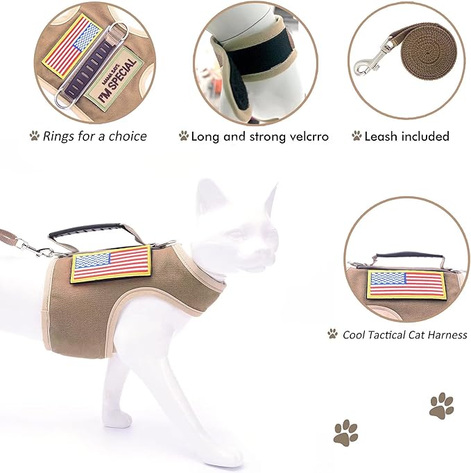 Tactical Cat Harness and Leash for Walking Escape Proof, Adjustable Cat Walking Jackets, Padded Stylish Cat Vest, Khaki, X-Large
