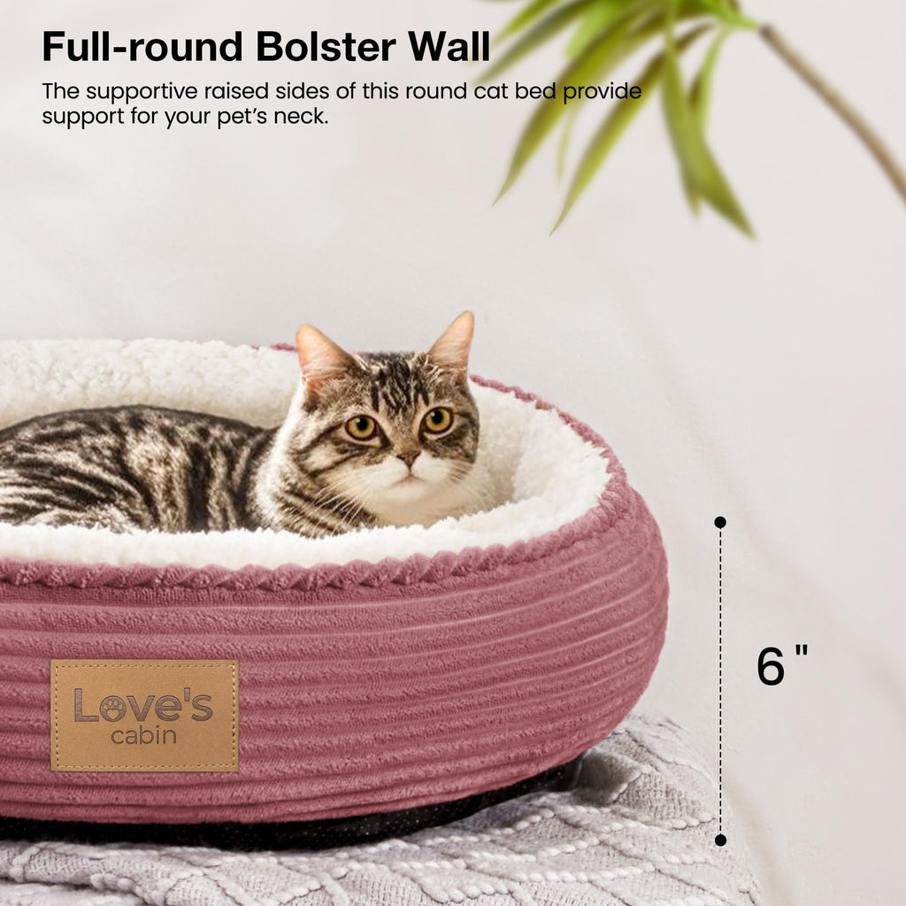 Love's cabin Round Donut Cat and Dog Cushion Bed, 20in Pet Bed for Cats or Small Dogs, Anti-Slip & Water-Resistant Bottom, Super Soft Durable Fabric Pet beds, Washable Luxury Bed Dusty Rose Stripe