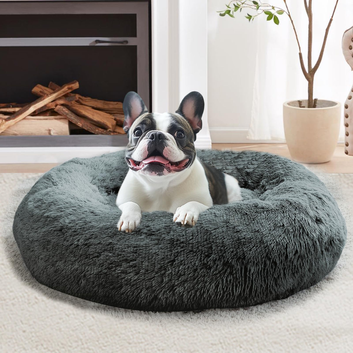 JOLLYVOGUE Calming Dog Bed for Small Dogs - 23 inches Donut Washable Small Dog Bed for Kittens & Puppies, Anti-Slip Round Fluffy Plush Faux Fur Cat Beds (Fits up to 25 lbs Pets, Purple)