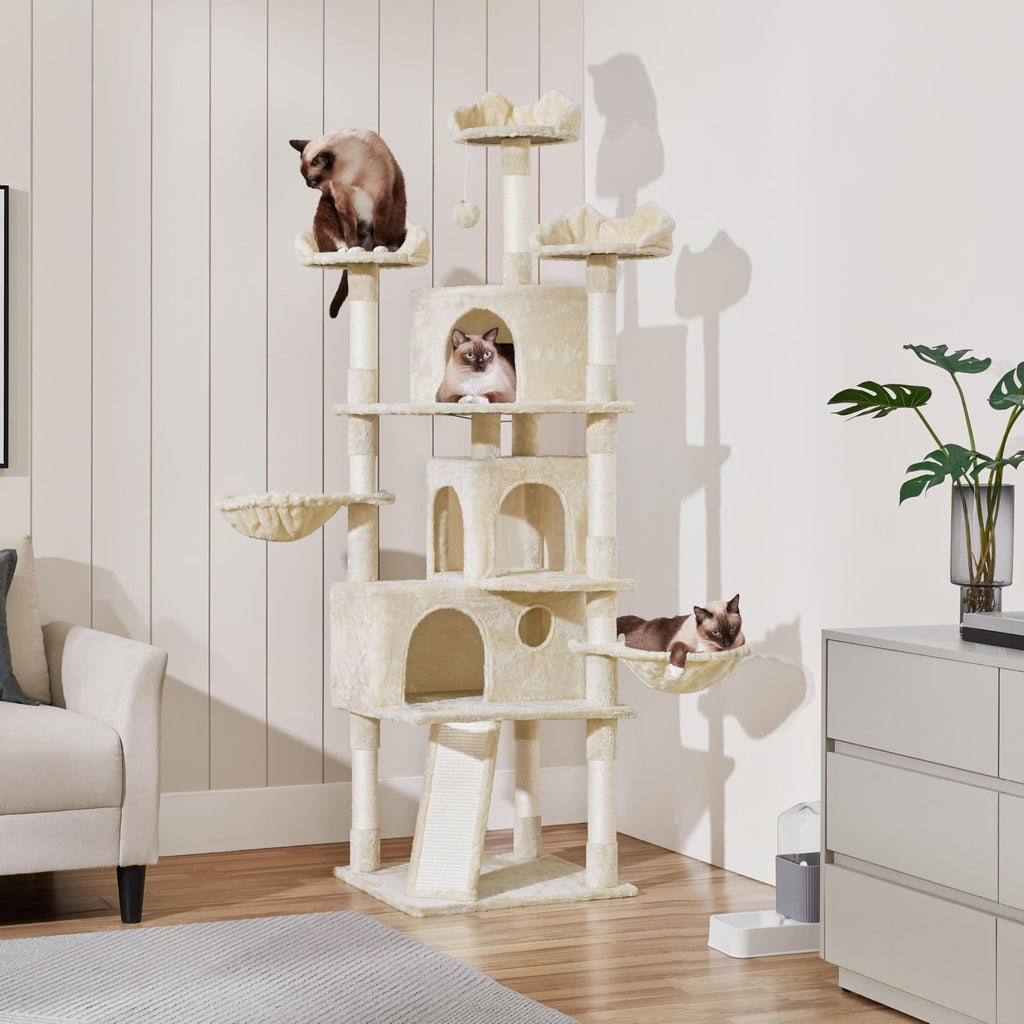 Yaheetech 76.5in Multi-Level Large Cat Tree, Big Cat Tower with 3 Condos, Cozy Plush Perches, 9 Sisal Scratching Posts and Ladder, Activity Center for Large Kitties, Beige