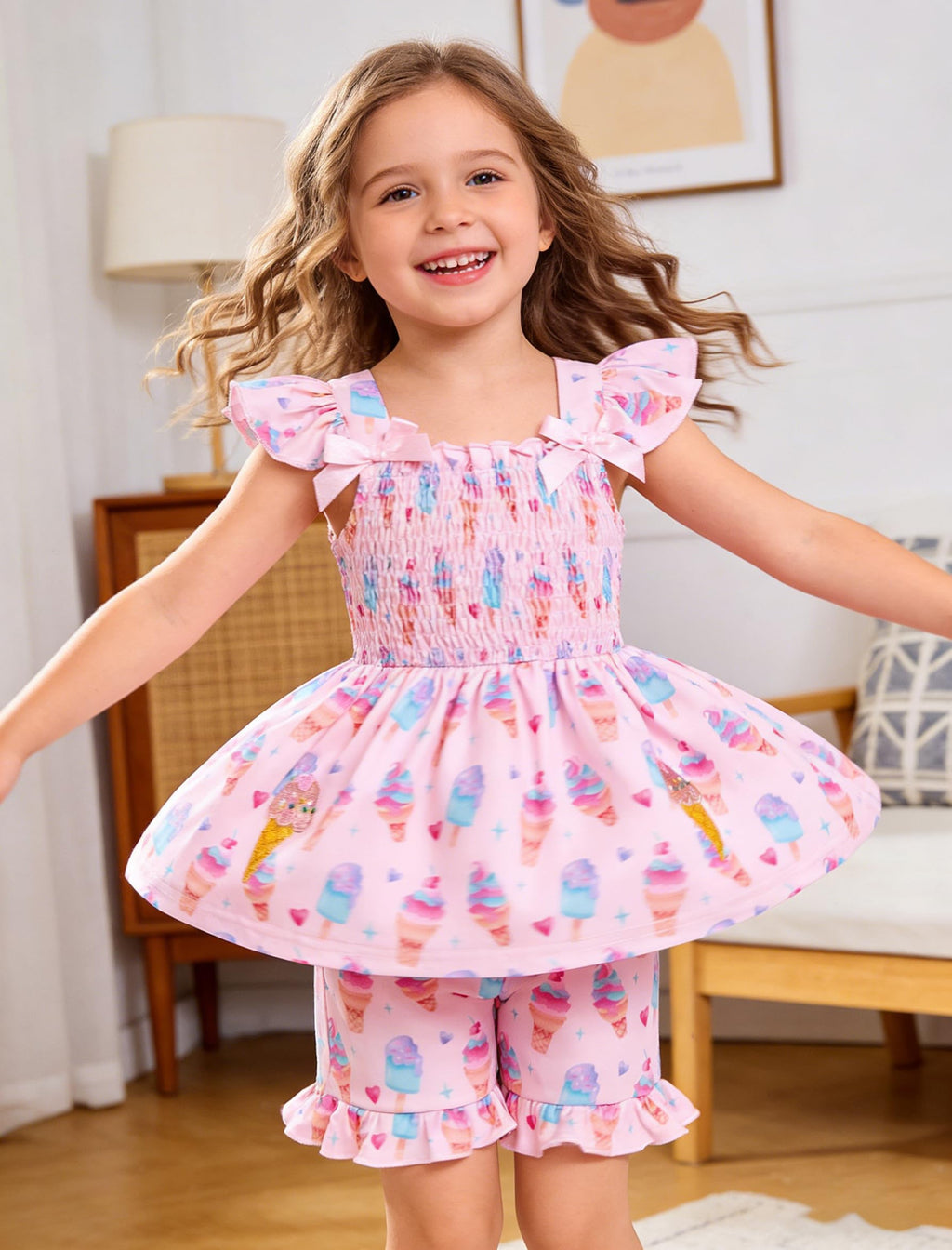Popshion Toddler Girl Clothes Baby Girl Summer Outfits Ruffle Sleeveless Ice Cream Shirts Tops Shorts Set for Girl Pink Clothing Size 7t/2234