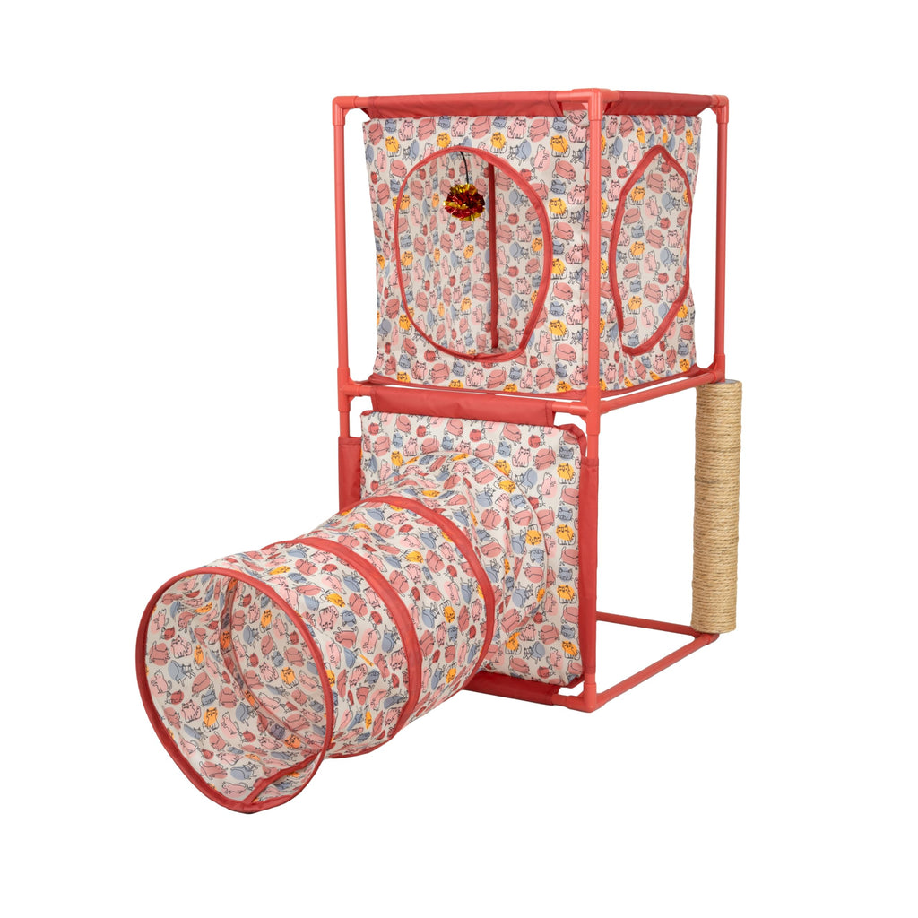Kitty City Cozy Cube Retreat Cat Tower with Tunnel, Scratching Post & Hanging Toy, Dual-Level Indoor Cat Play Furniture for Climbing, Hiding & Lounging, Red