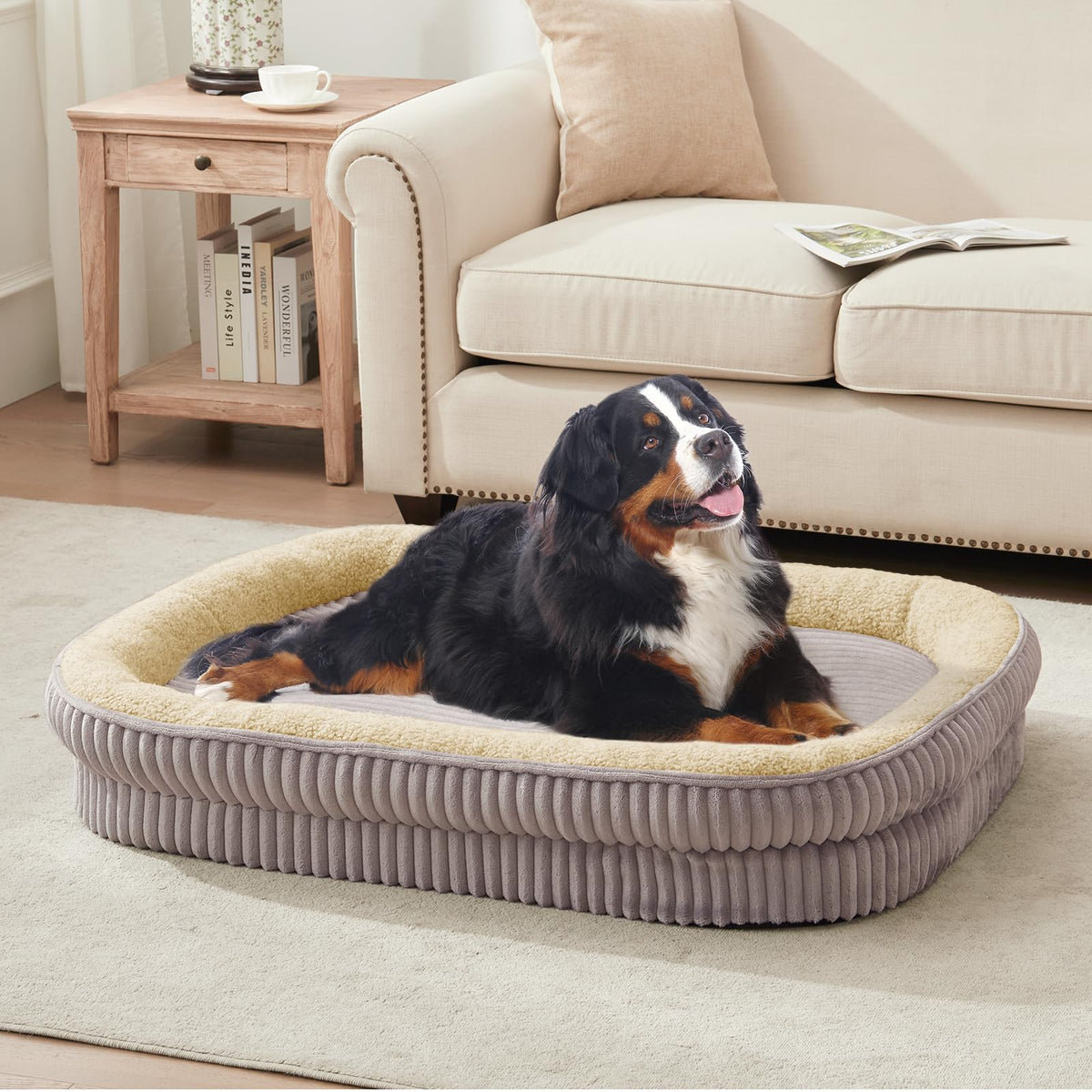 DEBANG HOME Orthopedic Dog Bed for Medium, Large Dogs Breeds, High Density Egg Crate Foam Dog Sofa Beds with Four Sided Bolster,Oval Kennel Bed, Pet Couch Bed,Removable Washable Cover& Non-Slip Bottom