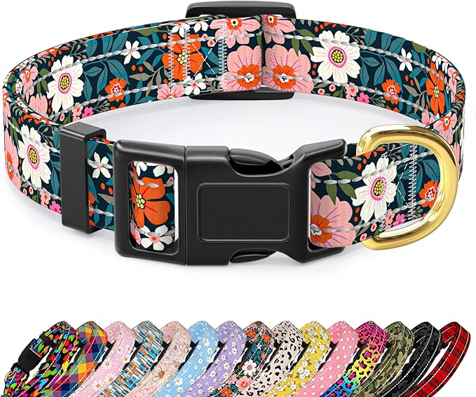 TMOODEL Reflective Dog Collar for Large Dogs, Cute Flower Theme Adjustable Heavy-Duty Nylon Puppy Collar for Boy and Girl Female, Soft Pet Accessories with Quick Release Buckle, Elegant Floral