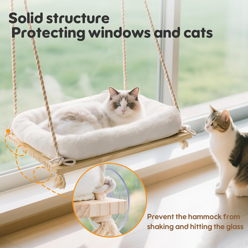 Anywish Cat Window Perch Hammock with Solid Wood Seat & Plush Cushion