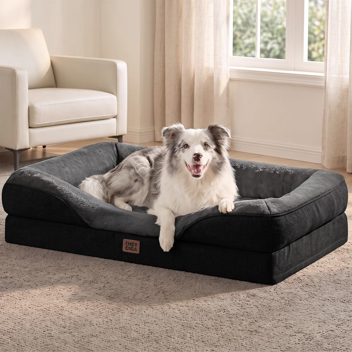 EHEYCIGA Orthopedic XL Dog Bed for Large Dog, Memory Foam Dog Couch, Beige