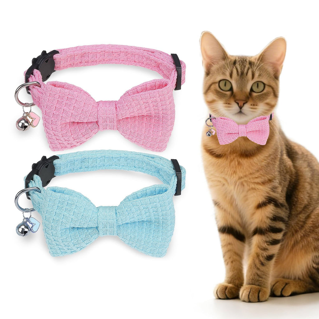 DILLYBUD Cat Collar Breakaway with Bells, Soft Cotton Pink Cat Bowtie Collar for Girl Cats, Small Cats Collar with Bow for Spring Summer, 2 Pack Cute Kitten Collars with Removable Bowtie 8-12Inch